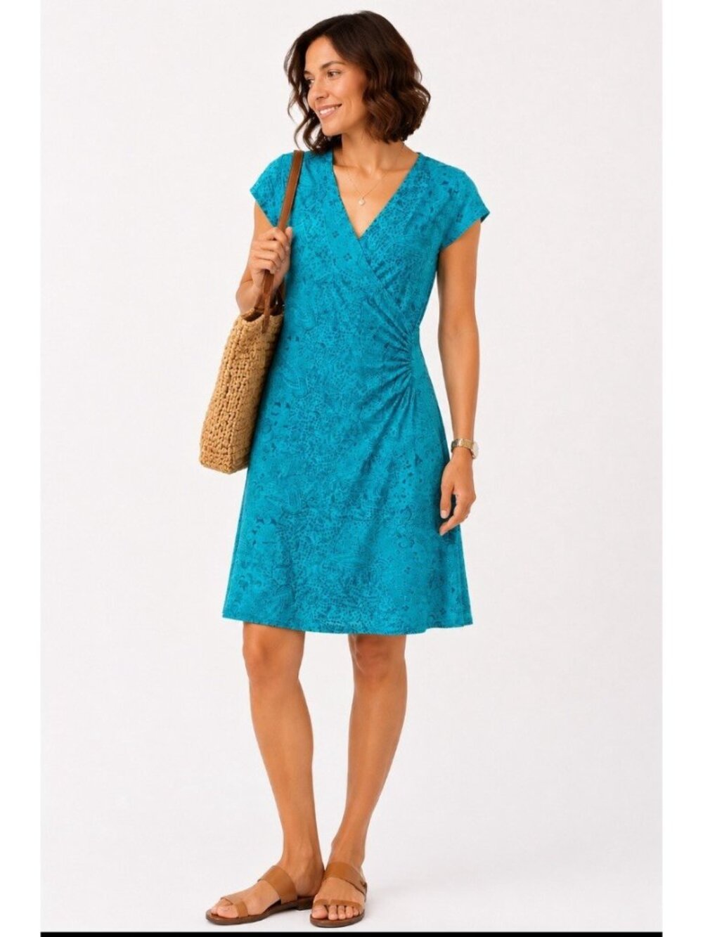 Athleta Nectar Teal Paisley Faux Wrap Ruched Stretch V-neck Dress Womens Small